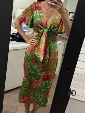Sugarlips Green Floral Tie-Front Midi Vacation Tropical Dress XS